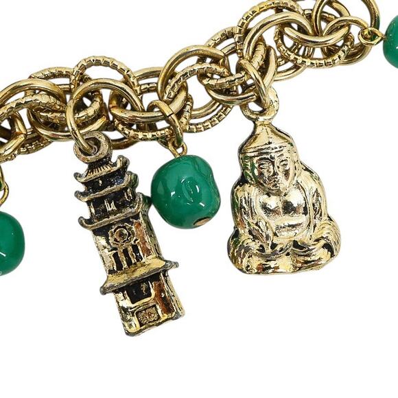 Vintage Asian Pagoda Charm Bracelet Buddha Ship Faux Jade Green Beads 1970s 7” - Picture 6 of 6